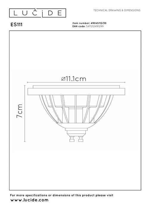 Lucide ES111 - Led bulb - Ø 11 cm - LED Dim to warm - GU10 - 1x12W 2200K/3000K - Black - technical